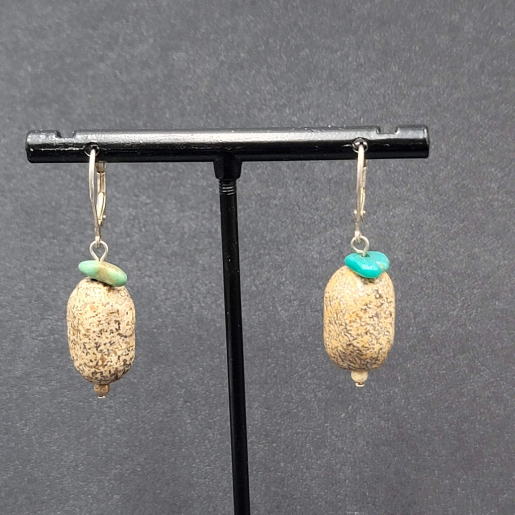 Pierced Earrings Turquoise Brown Speckled Stone Bead Dangle 1"