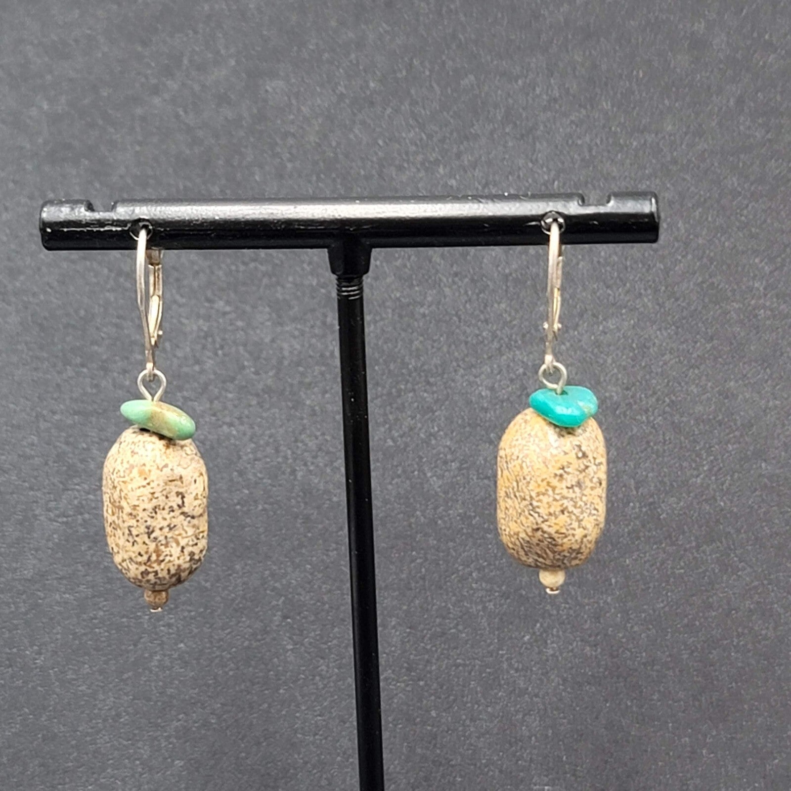 Pierced Earrings Turquoise Brown Speckled Stone Bead Dangle 1"