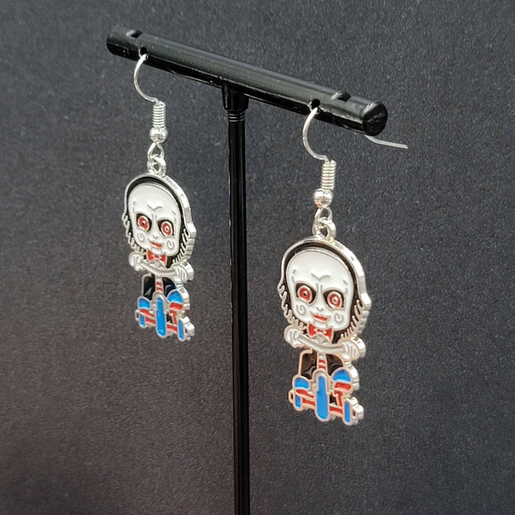 Jigsaw Pierced Earrings Enamel Silver tone SAW Horror Movie Dangle 1.25" FS