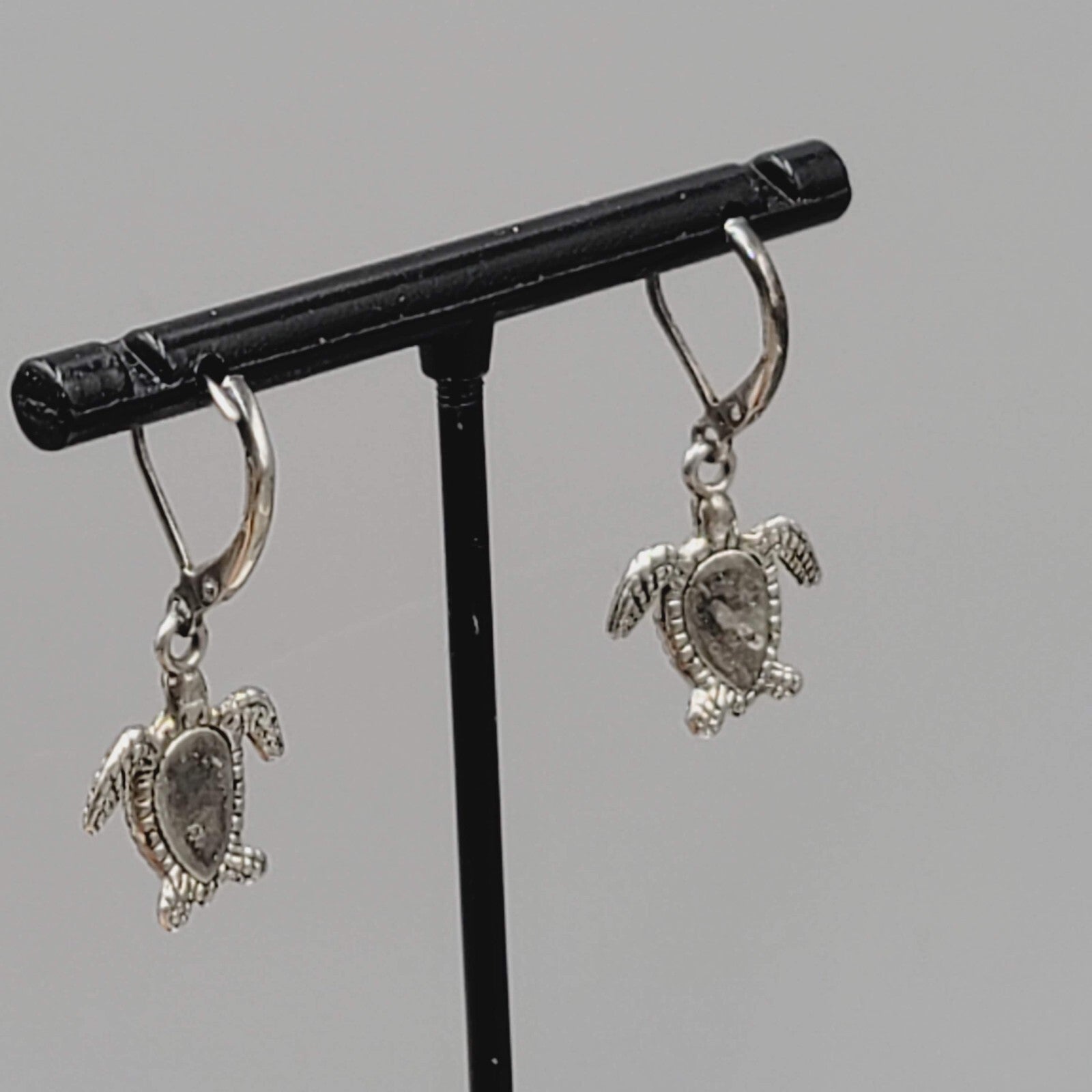 Sea Turtle Pierced Earrings Silver tone Dainty Dangle 5/8"