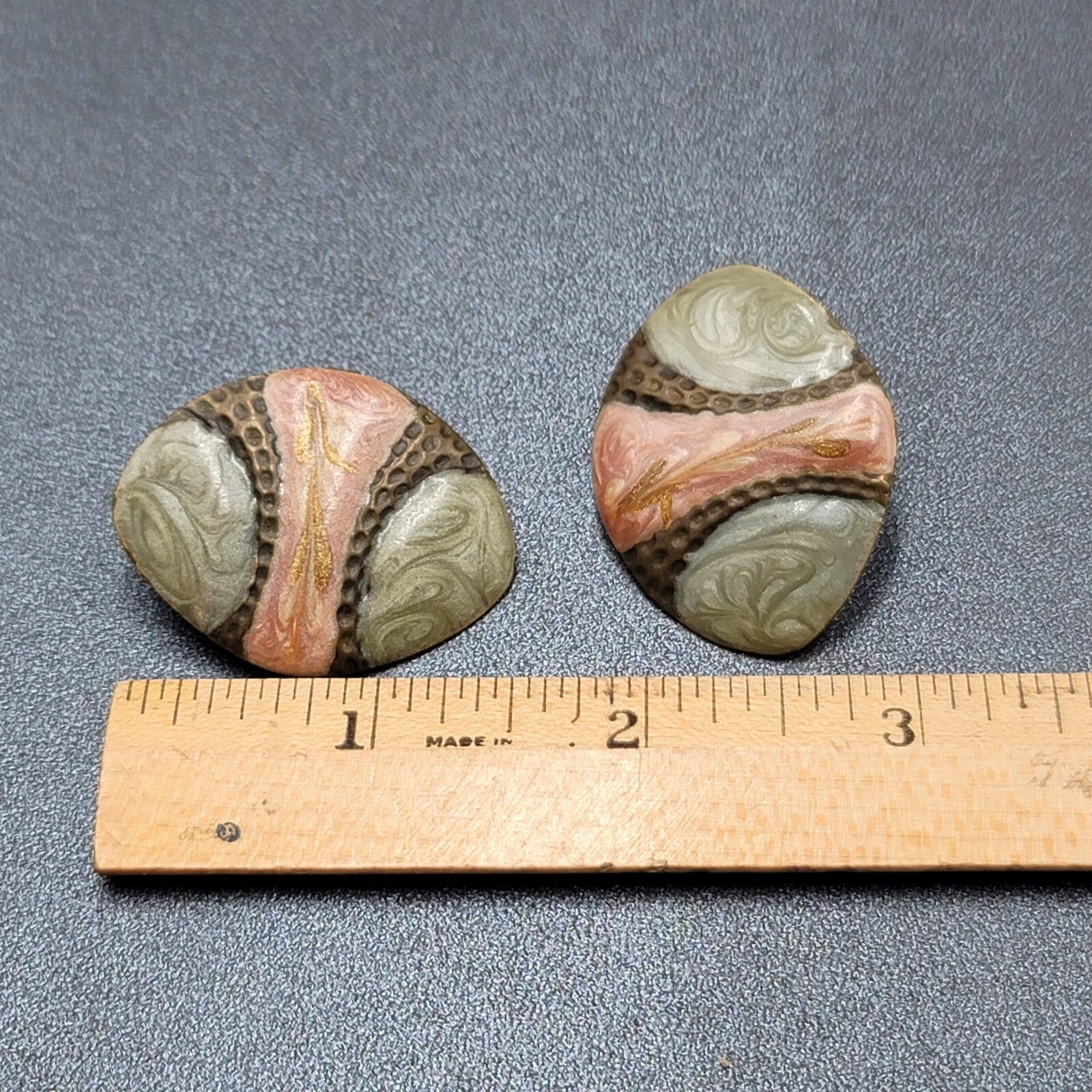 Vintage Pierced Earrings Mauve Pink Sage Green Enamel over Metal Drop 1.5"