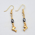 Vintage Dolphin Pierced Earrings Gold tone Hematite Stone Dangle 1 1/8"