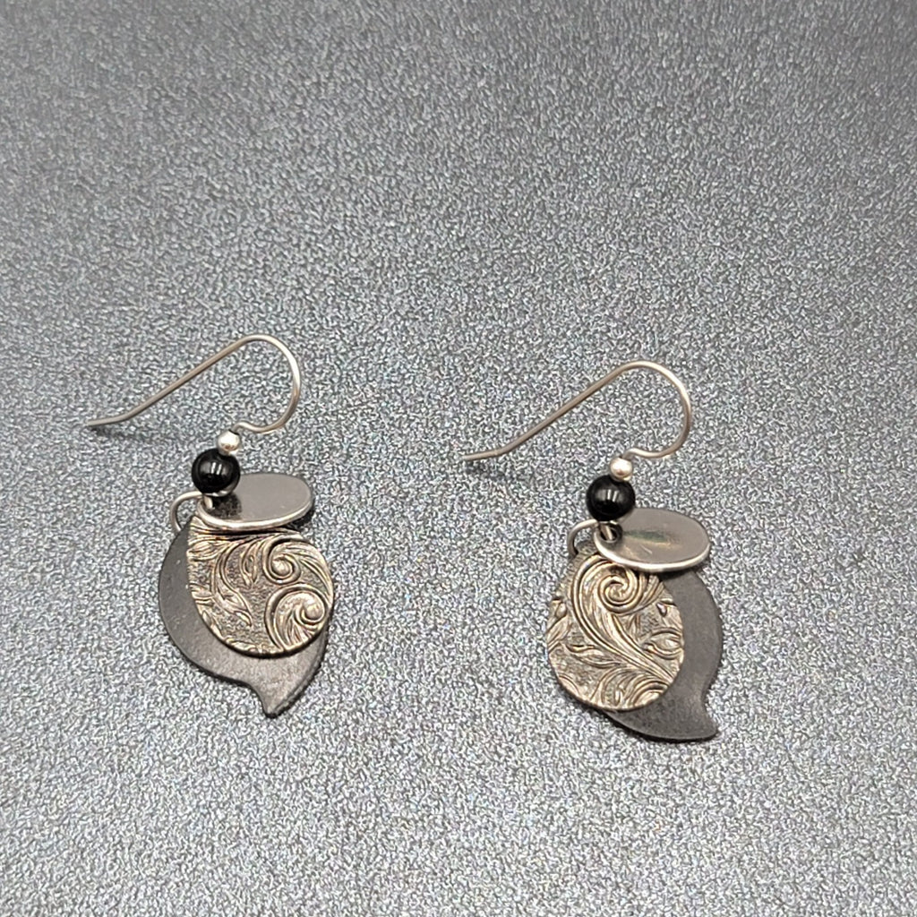 Pierced Earrings Silver tone Black Bead Layered Metal Dangle  3/4"