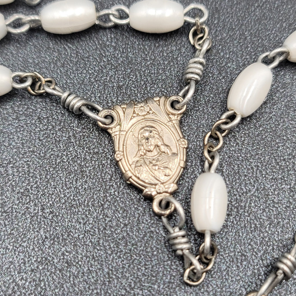 Vintage White Bead Catholic Rosary Crucifix Silver tone