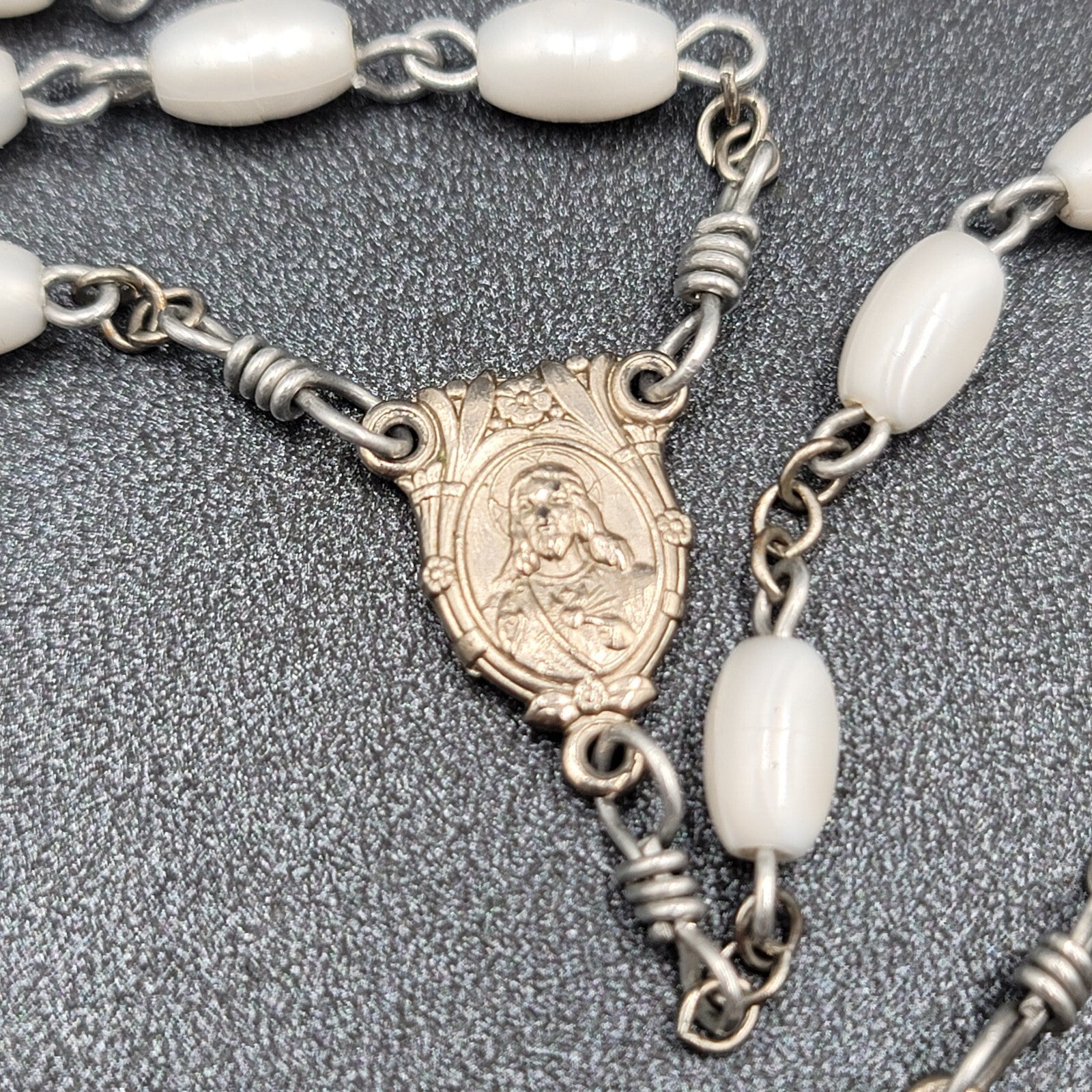 Vintage White Bead Catholic Rosary Crucifix Silver tone