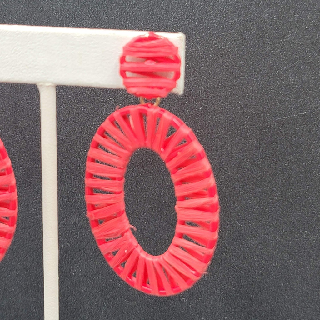 Pierced Earrings Red Rattan Dangle Hoops Statement 2.5"