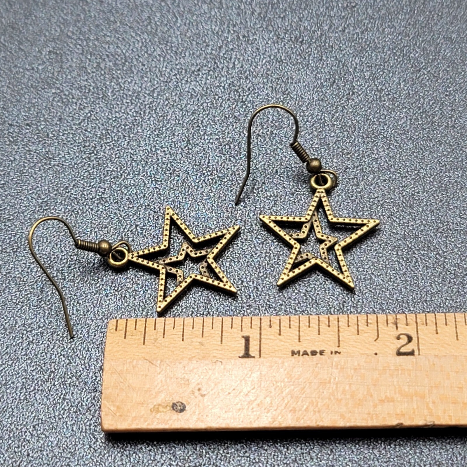 Pierced Earrings Bronze tone Double Open Star Dangle 7/8"