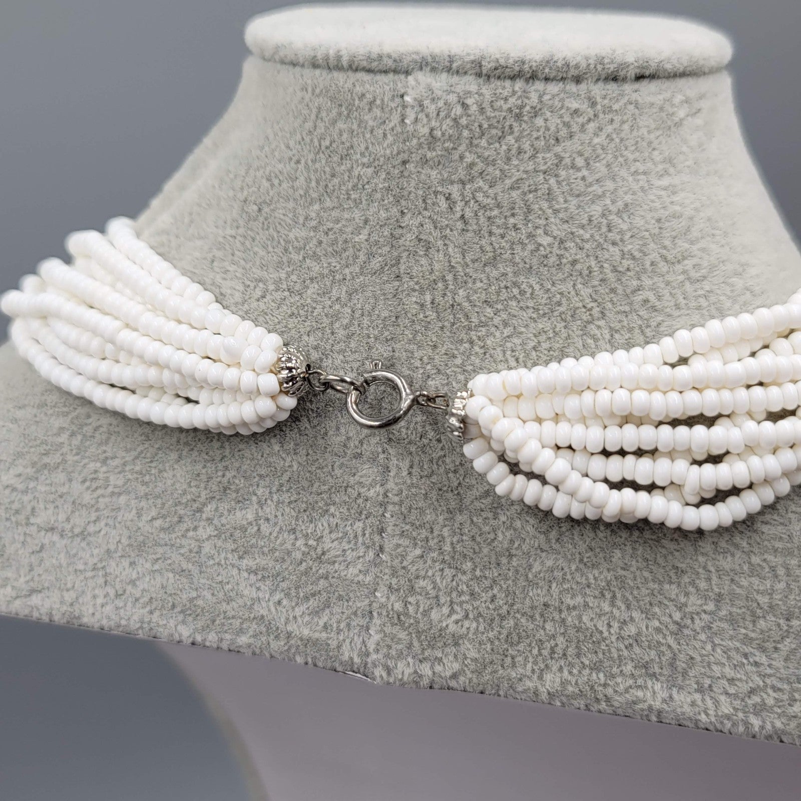 Vintage 10 Strand White Seed Bead Necklace Layered Statement 16 in
