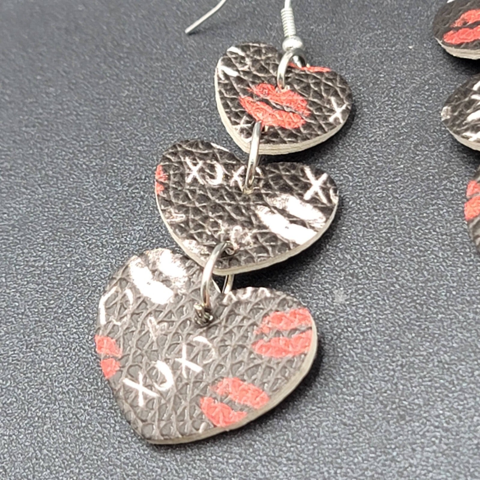 Pierced Earrings Black Faux Leather Kisses Hearts Silver tone Dangle 2.25"