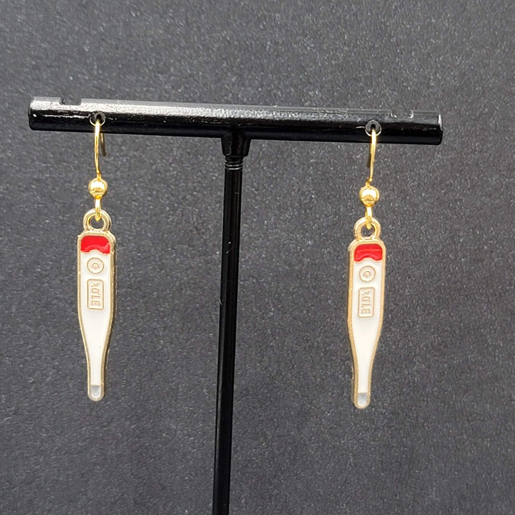 Nurse Thermometer Pierced Earrings Red White Enamel Gold tone Dangle 1 1/8"