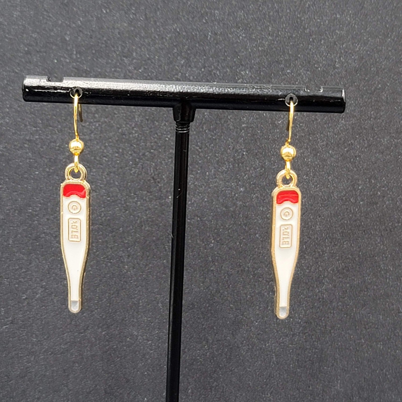 Nurse Thermometer Pierced Earrings Red White Enamel Gold tone Dangle 1 1/8"