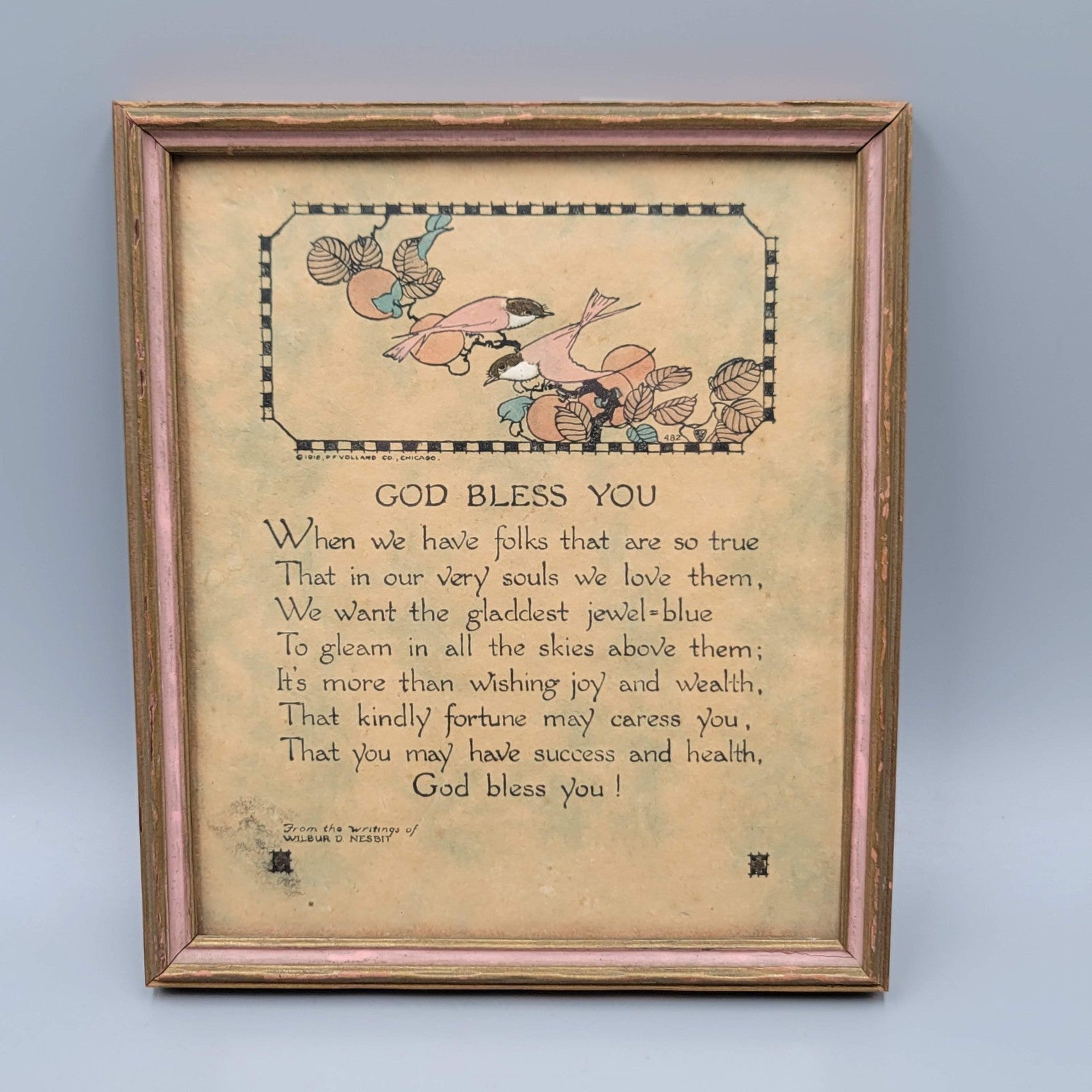 Vintage Ephemera Framed Wilbur Nesbit Birds Gold Bless You Prayer 6.5"x5.5"