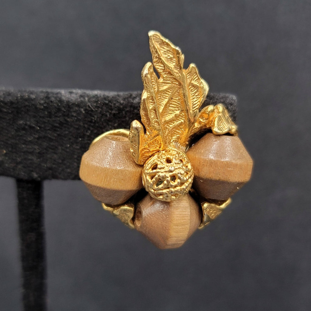 Vintage ART Clip on Earrings Gold Plated Wood Beads Leaf Design Climber 1.25"