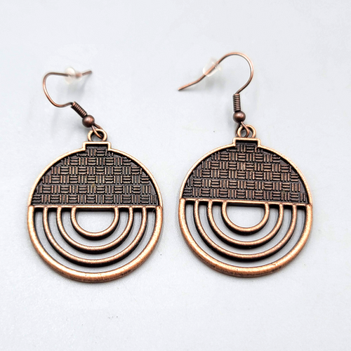 Bronze tone Dangle Pierced Earrings Textured Round Open Work Dangle 1 3/8"