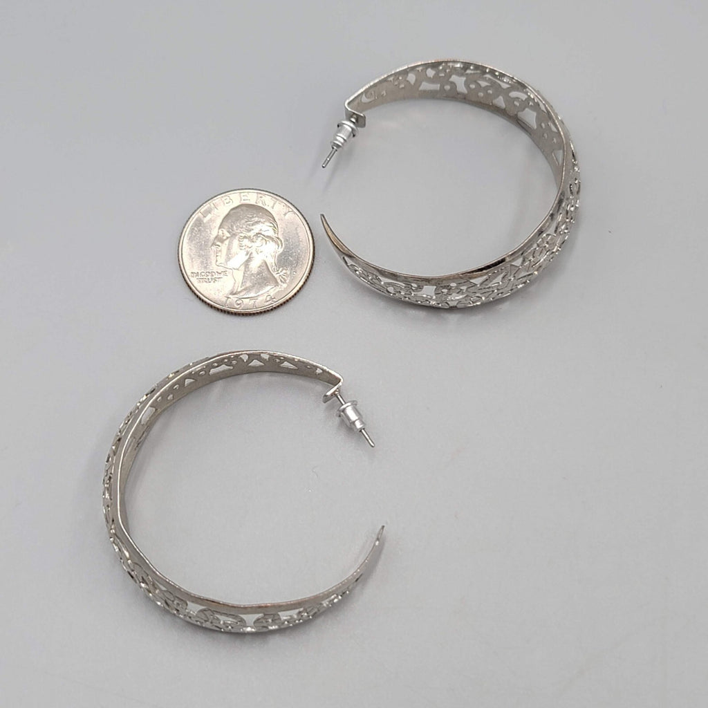 Filigree Hoop Pierced Earrings Drop Silver tone 1.75"