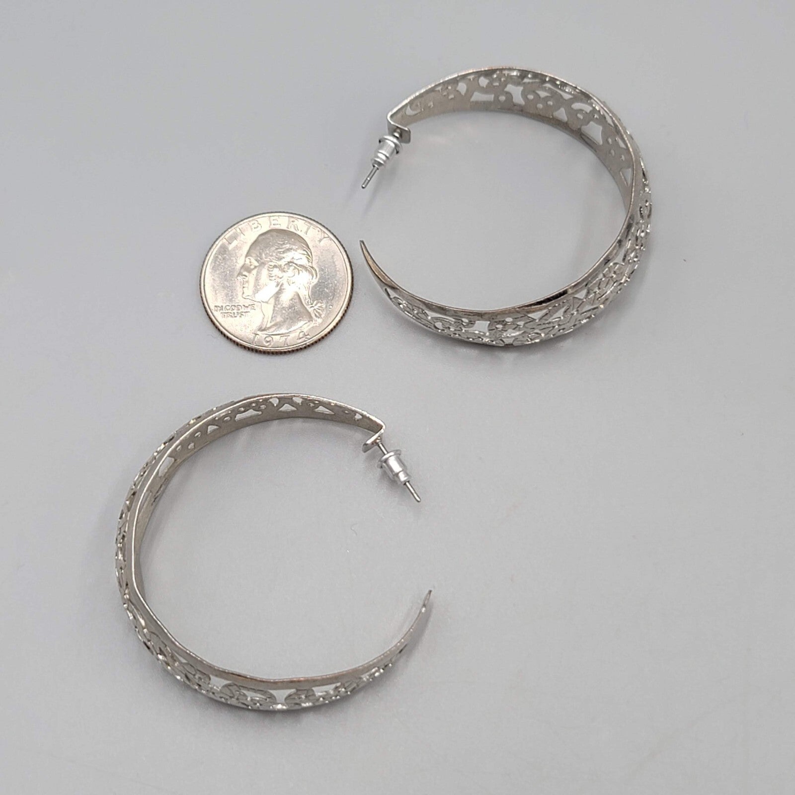 Filigree Hoop Pierced Earrings Drop Silver tone 1.75"
