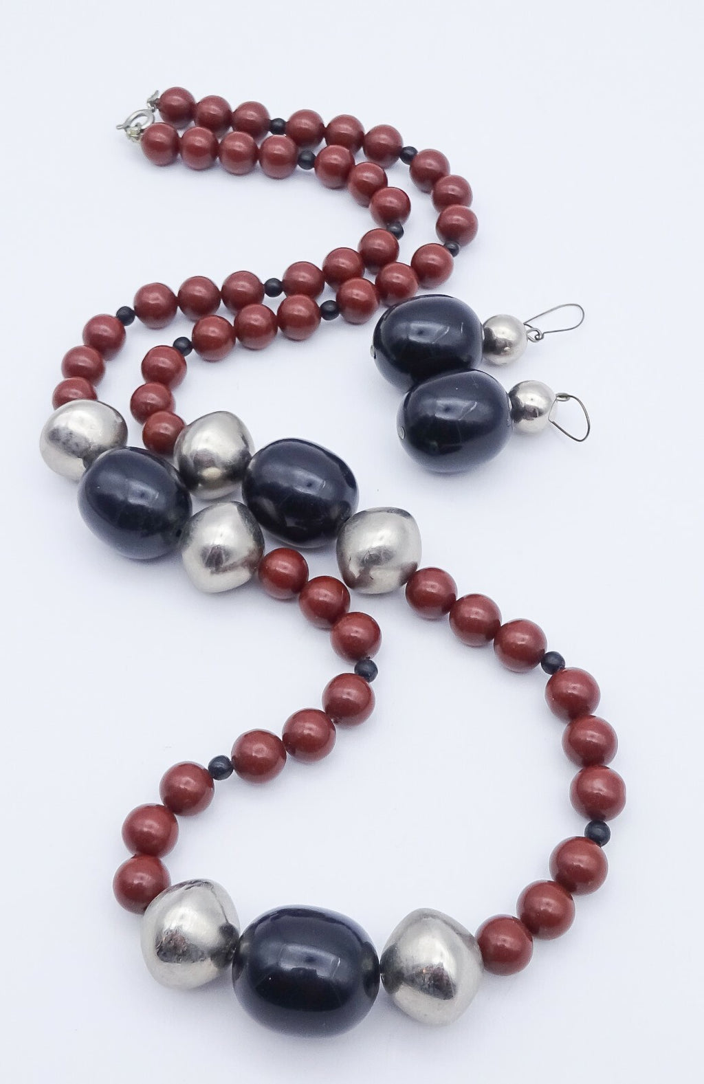 Vintage Long Beaded Necklace and Pierced Earrings Red Black Silver