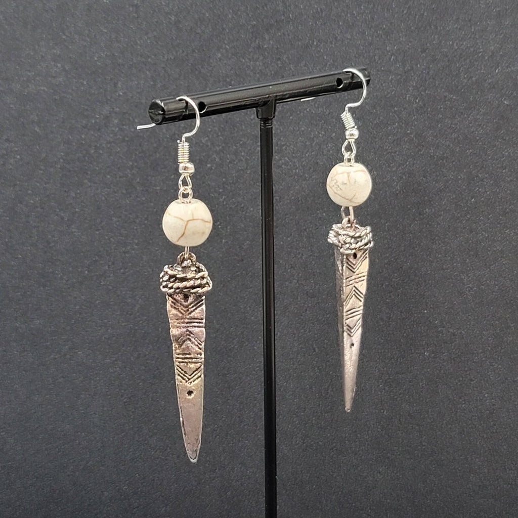 Pierced Earrings Silver tone White Stone Bead Dangle Spike 2.25"