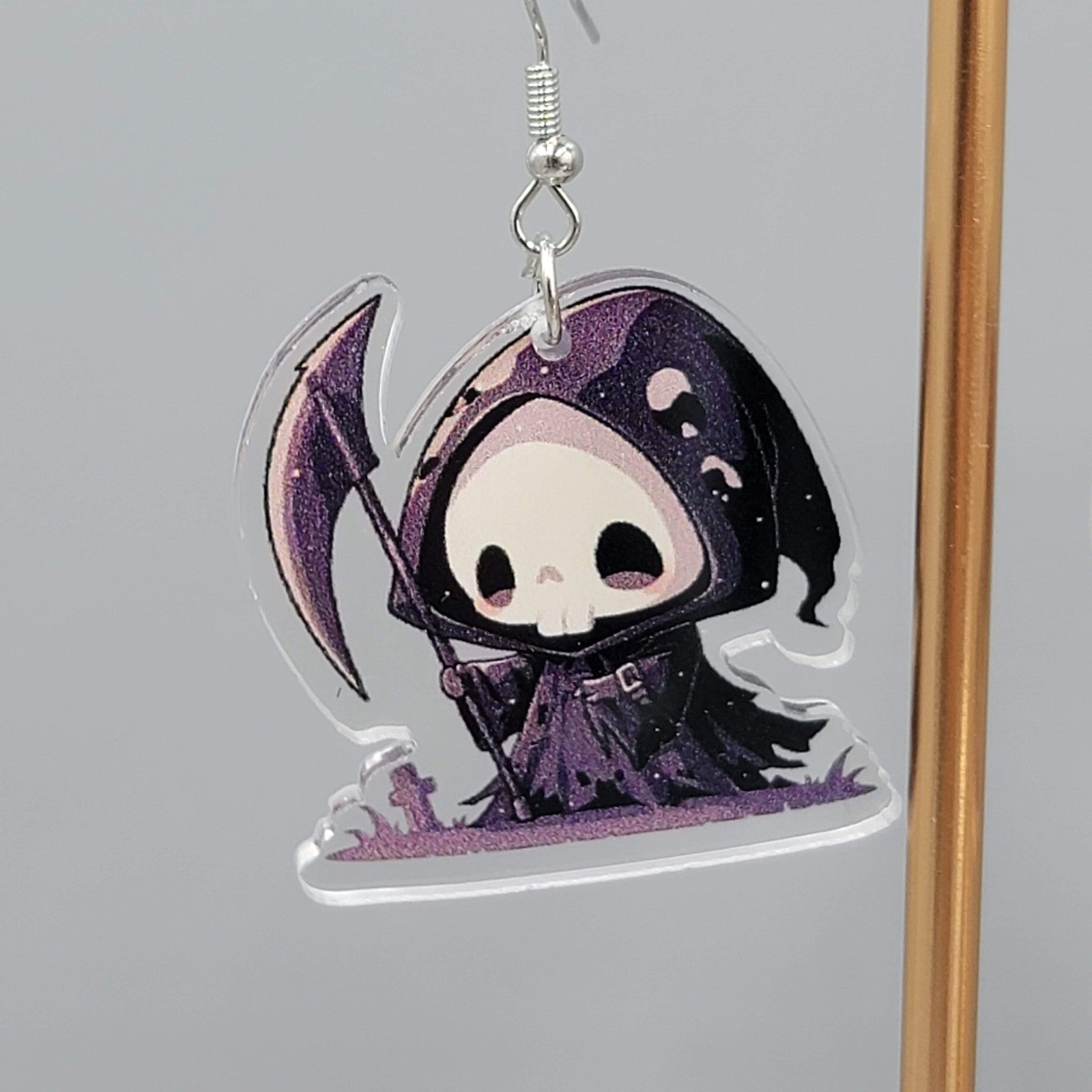 Halloween Purple Black Reaper Pierced Earrings Silver tone Dangle 1.5 in