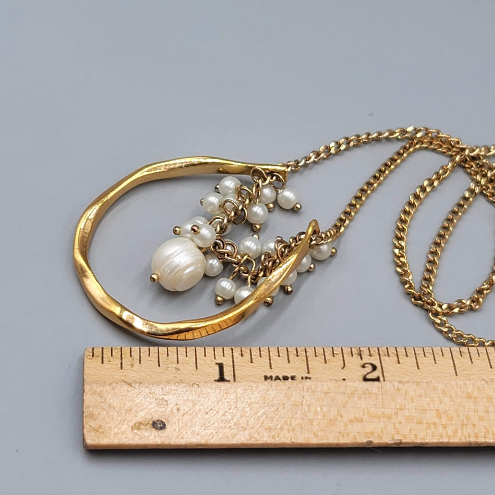 Real Pearl Pendant Cluster Open Pendant Necklace Gold tone 18"