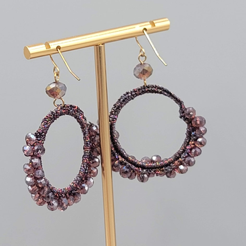 Purple Crystal Bead Pierced Earrings Thread Covered Open Hoop 1.75"