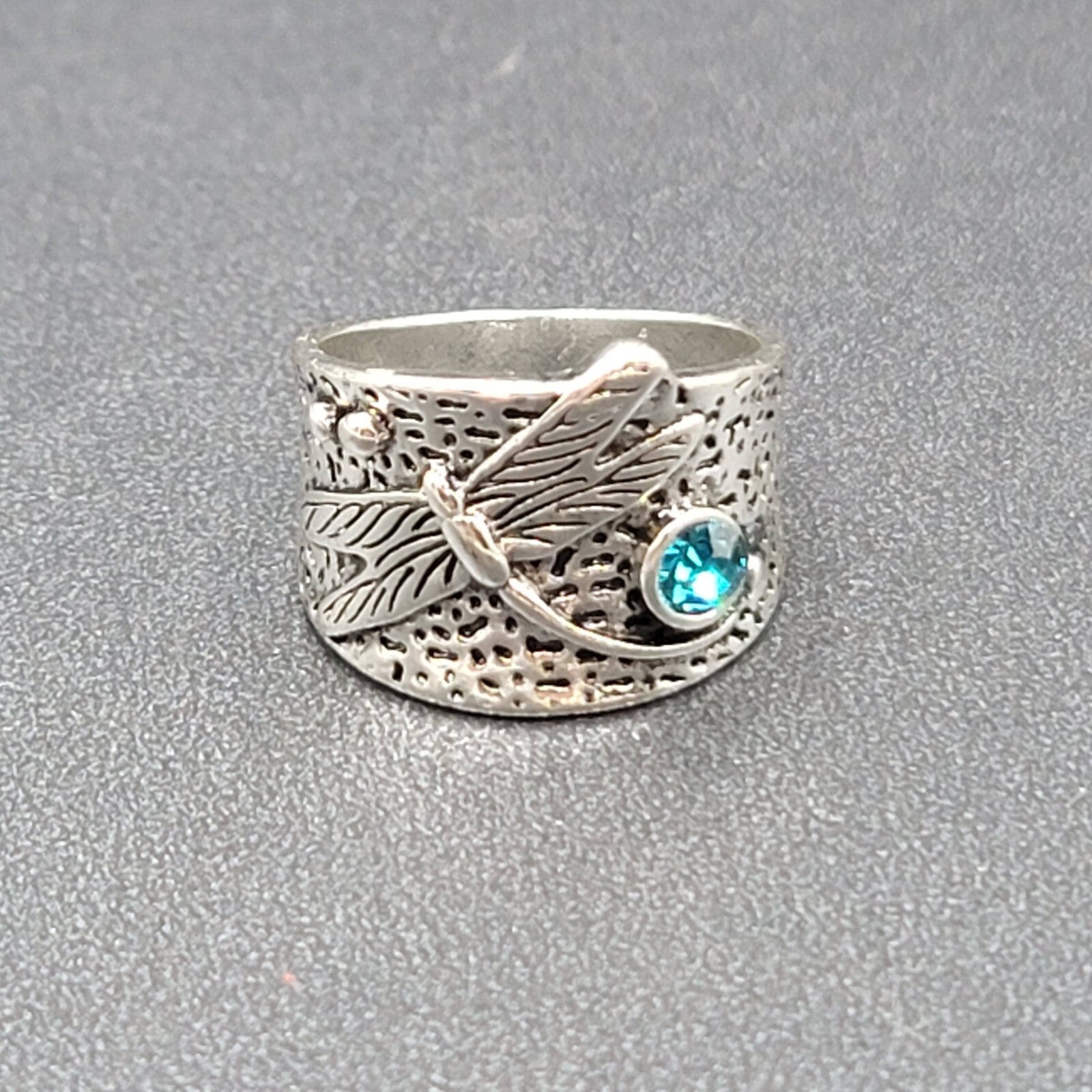 Dragonfly Ring Silver tone Wide Band Blue Crystal Accent Dec Birthstone Sz 9