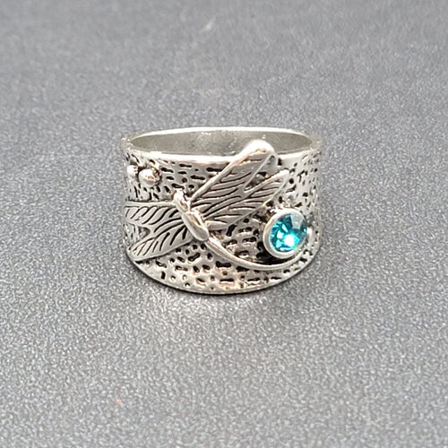 Dragonfly Ring Silver tone Wide Band Blue Crystal Accent Dec Birthstone Sz 9