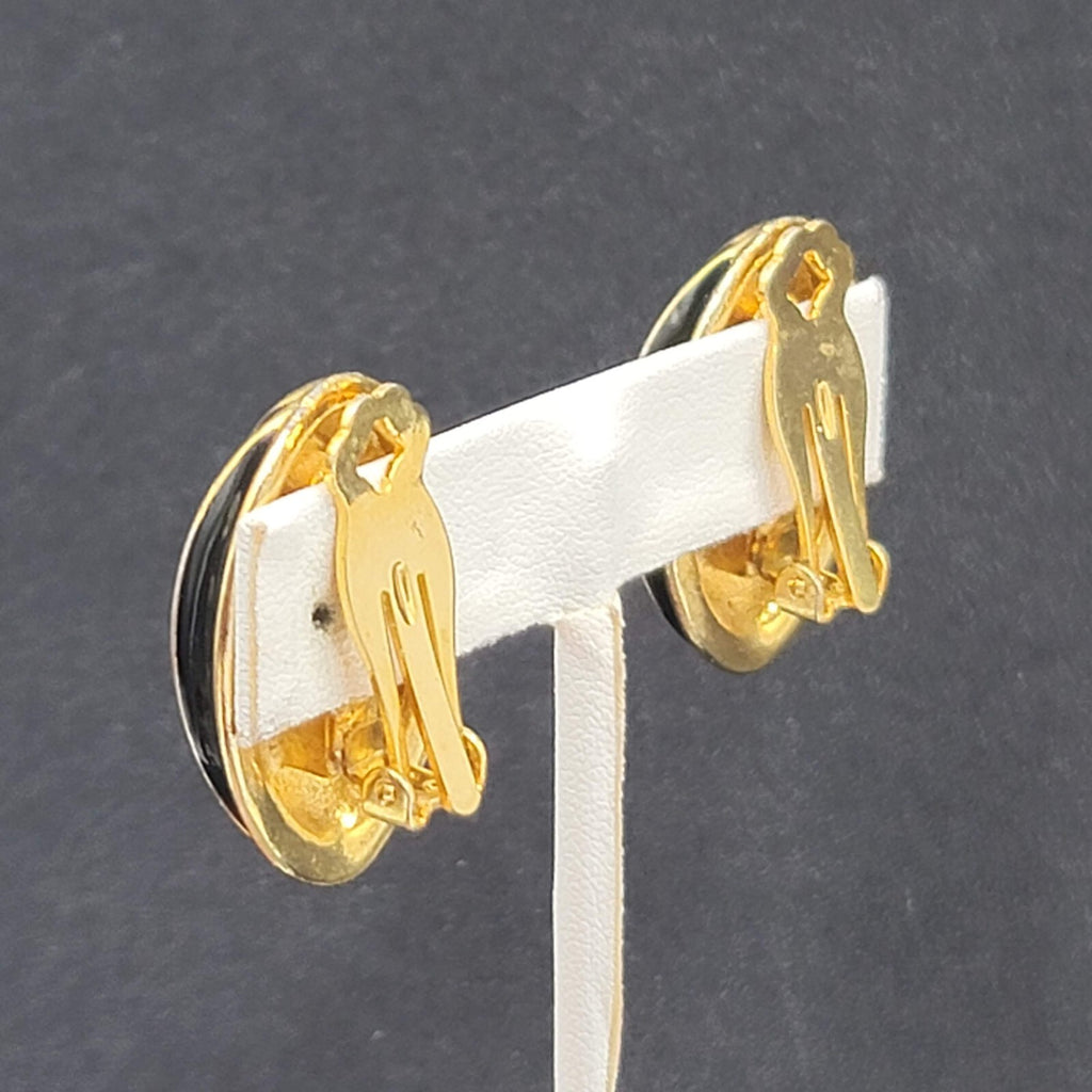Vintage Clip on Earrings Gold Plated Black Enamel Drop Statement 1.25"