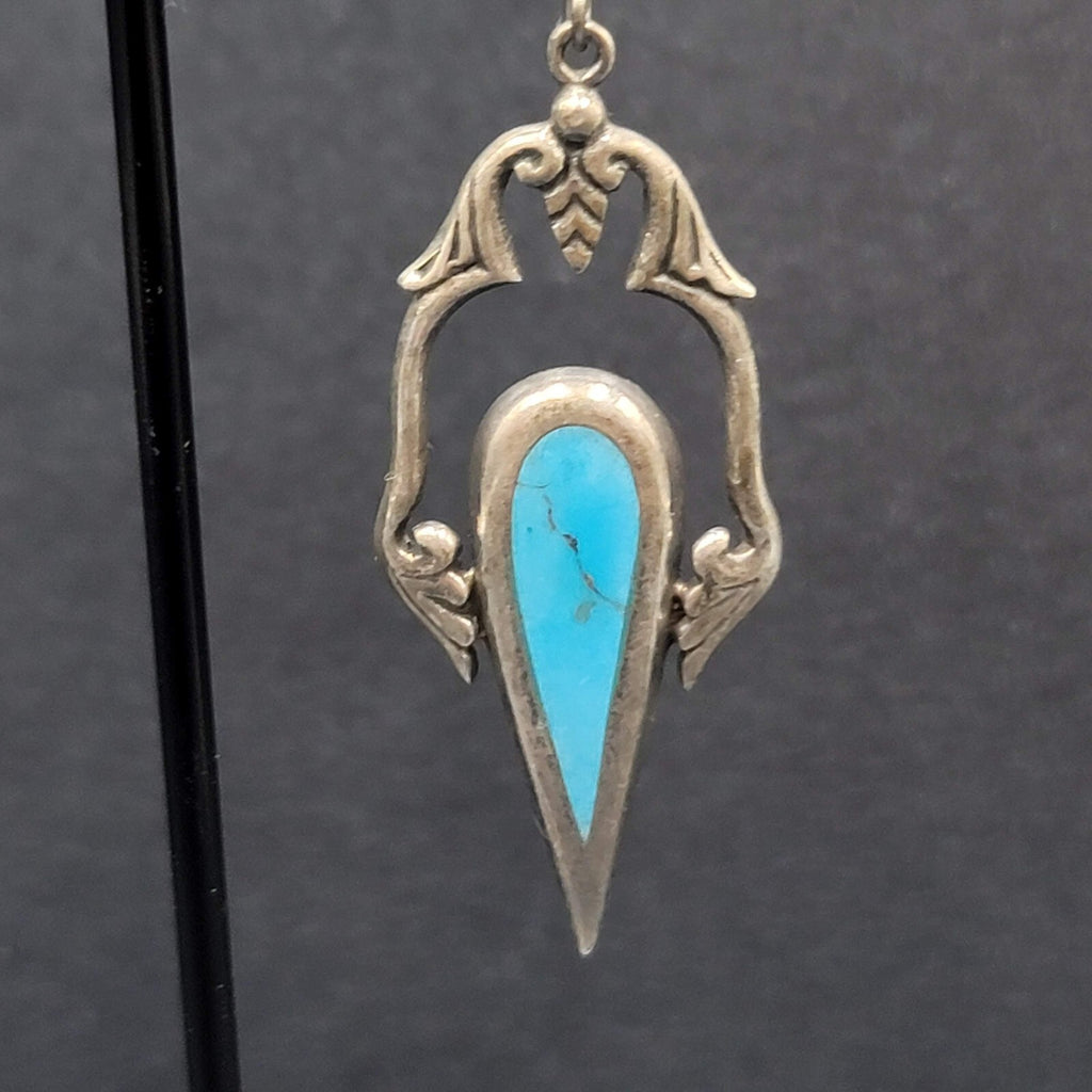 Sterling Silver Pierced Earrings Unique Blue Turquoise Dangle 1.75"