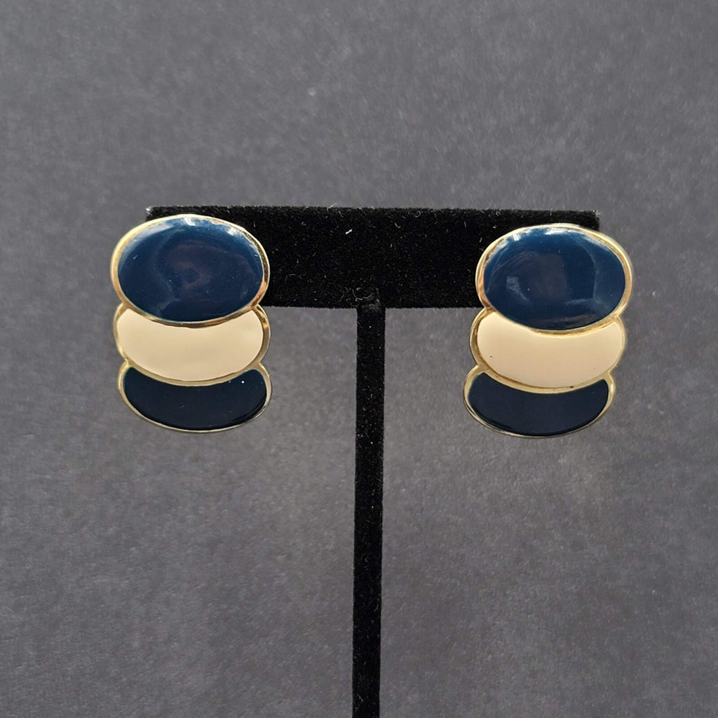 Vintage Pierced Earrings Navy Cream Enamel Drop 80's 1 3/8"