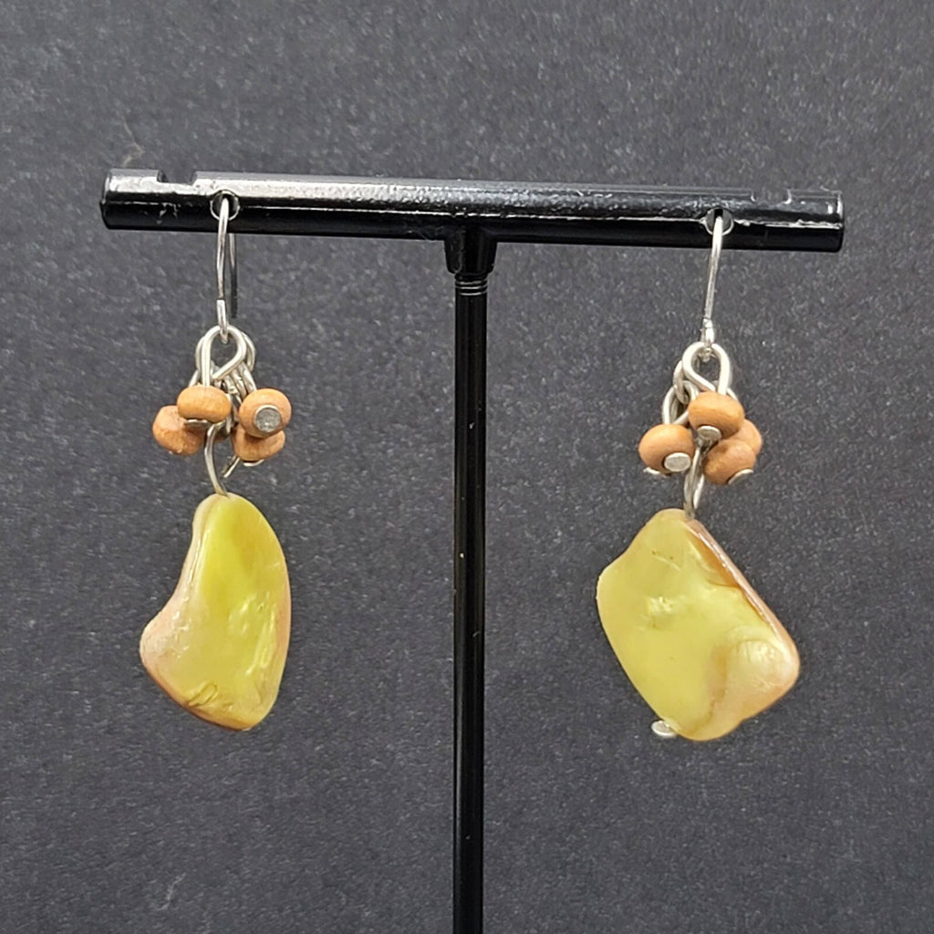 Pierced Earrings Silver tone Yellow Shell Wood Bead Dangle 1.25"