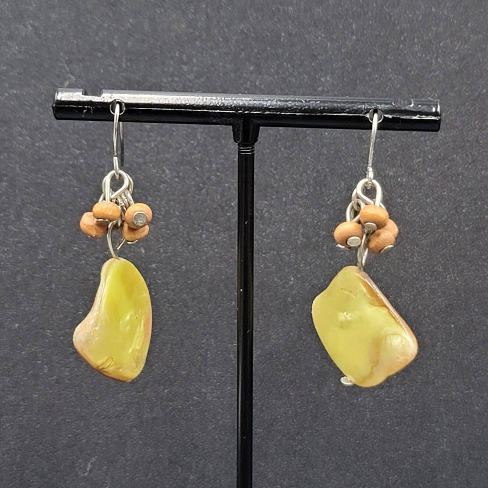 Pierced Earrings Silver tone Yellow Shell Wood Bead Dangle 1.25"