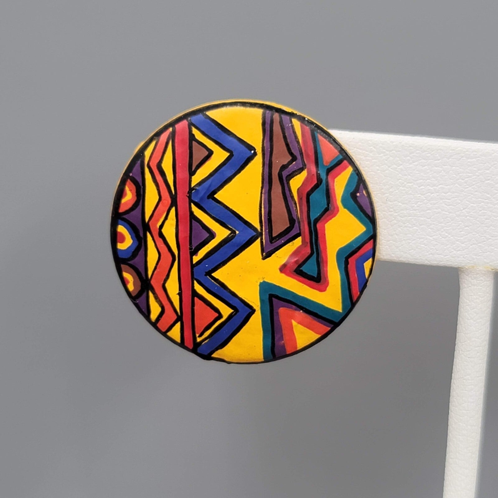Vintage Pierced Earrings Hand Painted Multicolor Round Drop 1 1/8"