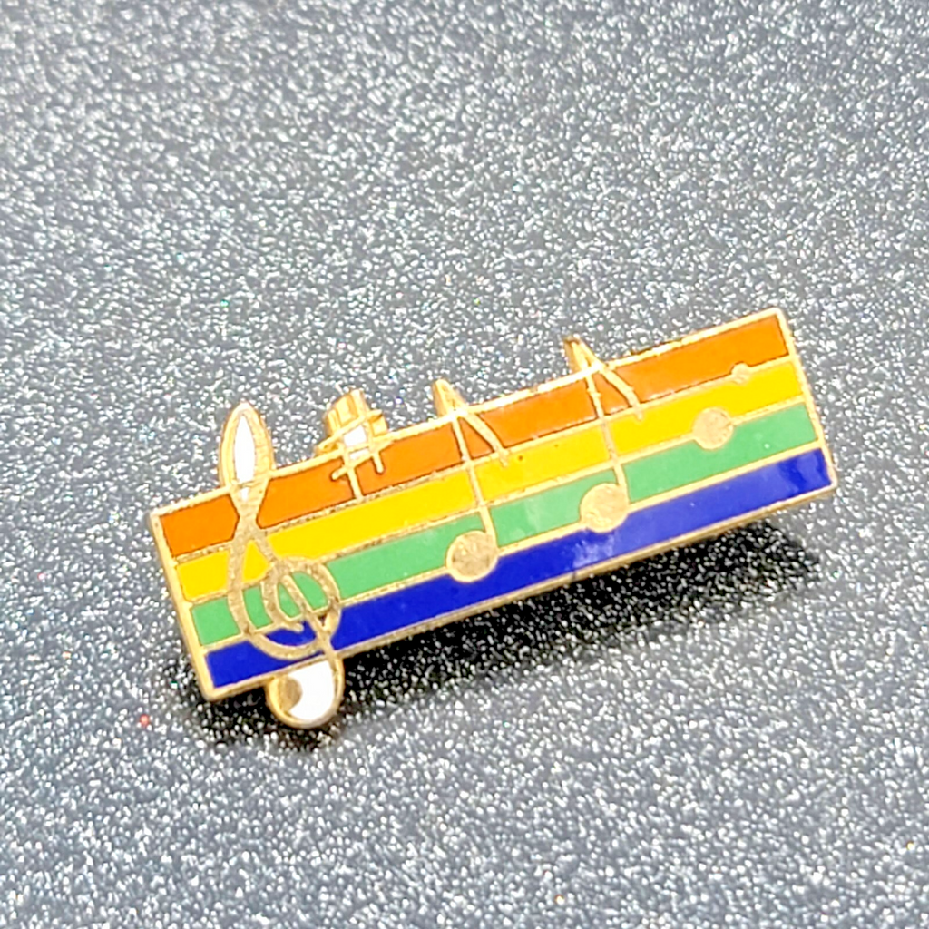 Rainbow Music Staff Enamel Lapel Pin Treble Clef Eighth Notes 1 1/8"