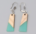 Wood Teal Resin Pierced Earrings Silver tone Dangle 1.25"