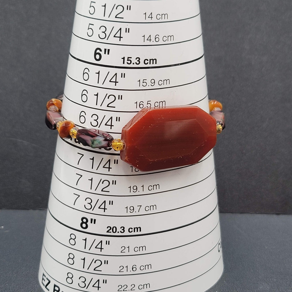 Art glass Bead Bracelet Silver tone Purple Brown Toggle 7"