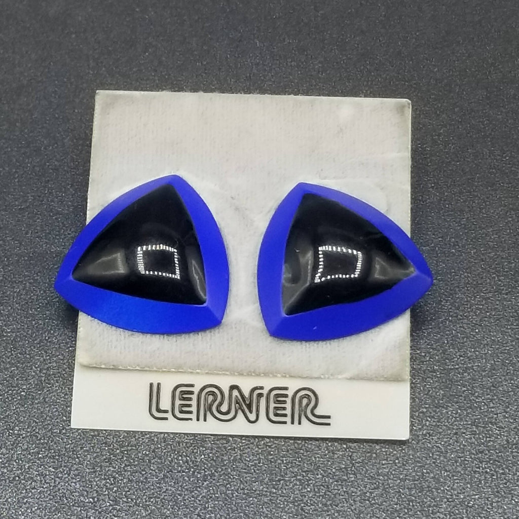 Vintage Pierced Earrings Blue Black Enamel Geometric Statement Drop 1"