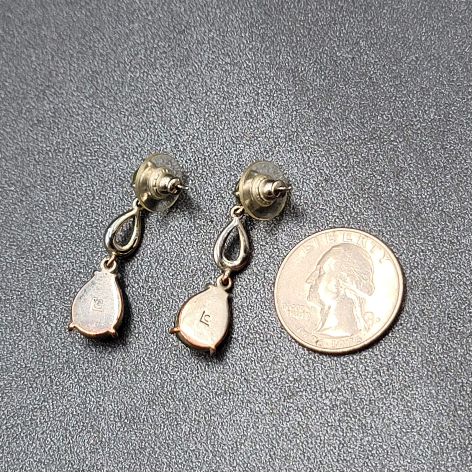 LC Pierced Earrings Silver tone Green Accents Rhinestone Dangle 1 3/8"