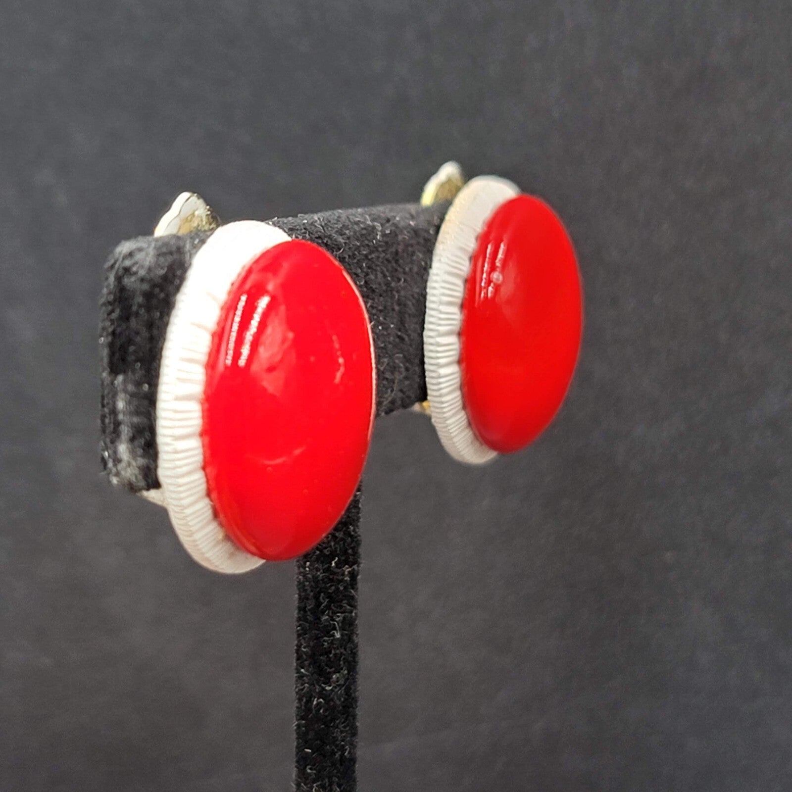 Vintage Clip on Earrings Gold tone Red White Dome Round Studs Hong Kong 7/8"