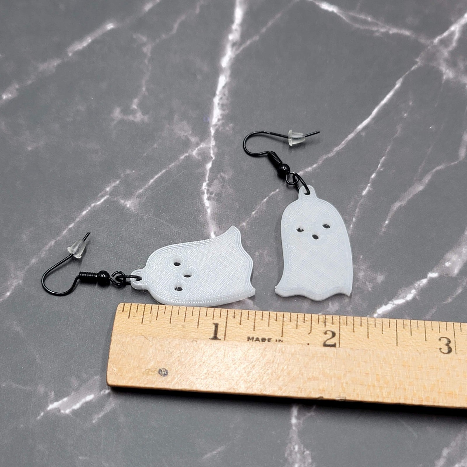 White Acrylic GHOST Pierced Earrings Black Enamel Dangle 1.25"