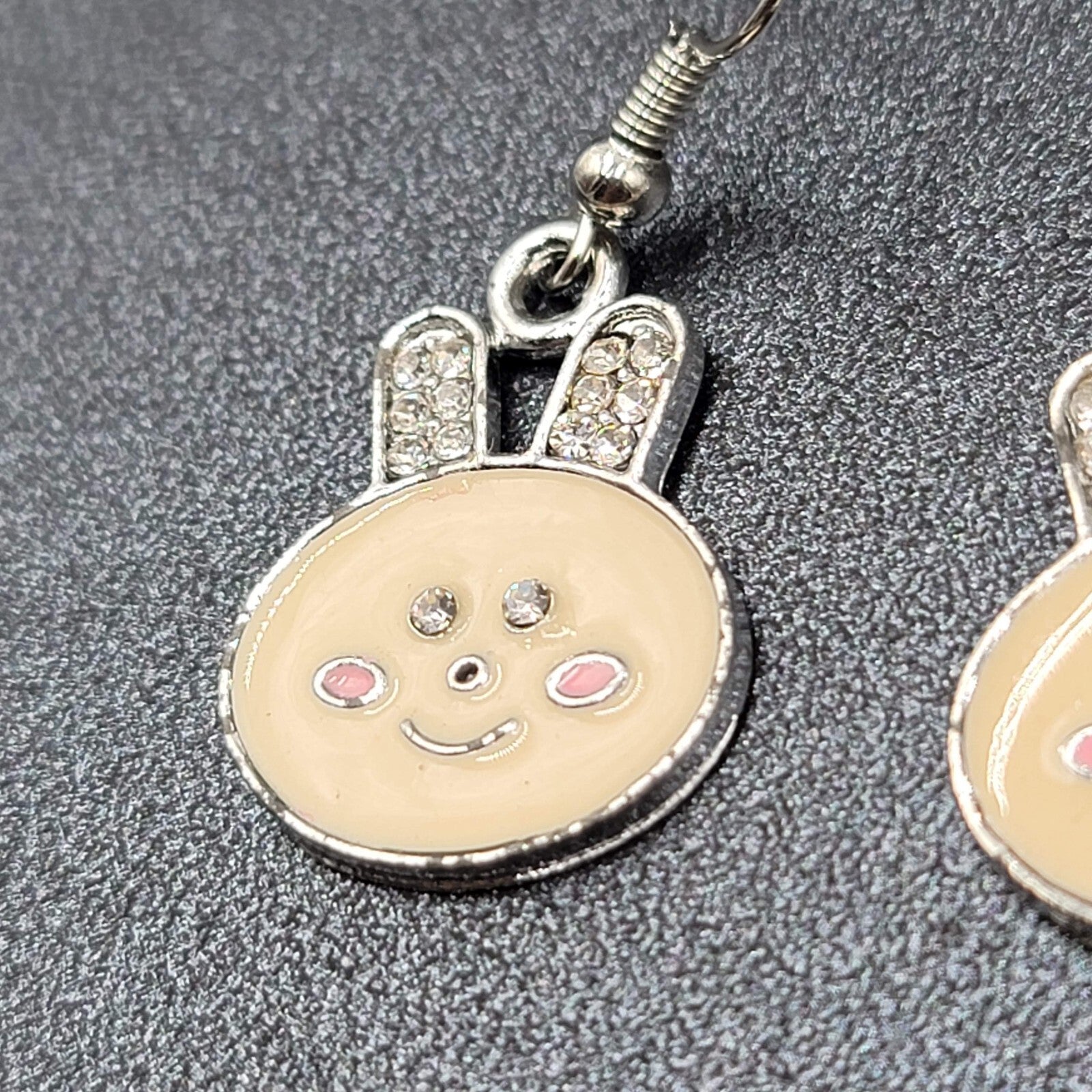 Bunny Pierced Earrings Dangle Silver tone Enamel Rhinestone 1"