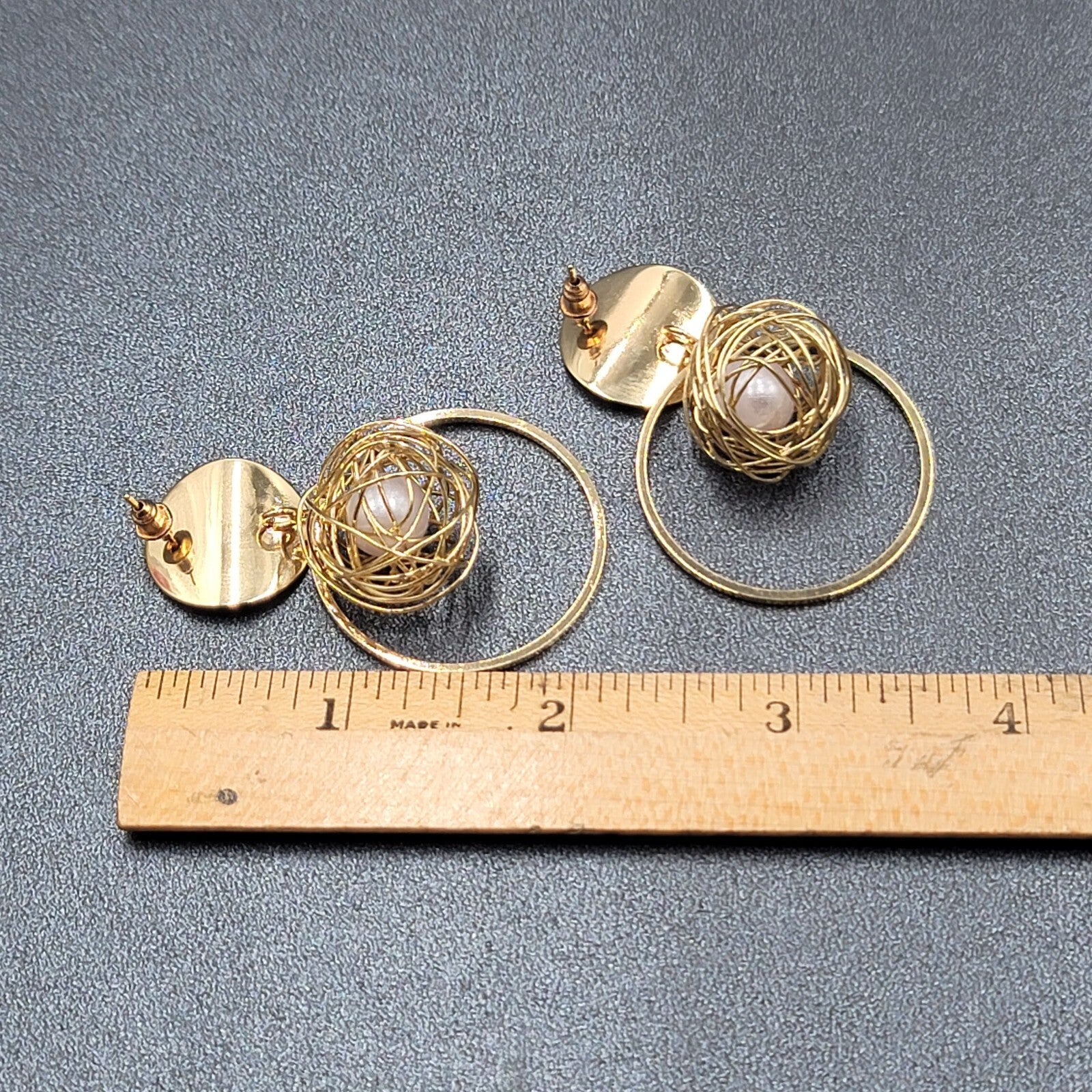 Pierced Earrings Gold tone Large Statement Wire Wrapped White Bead 2.25"