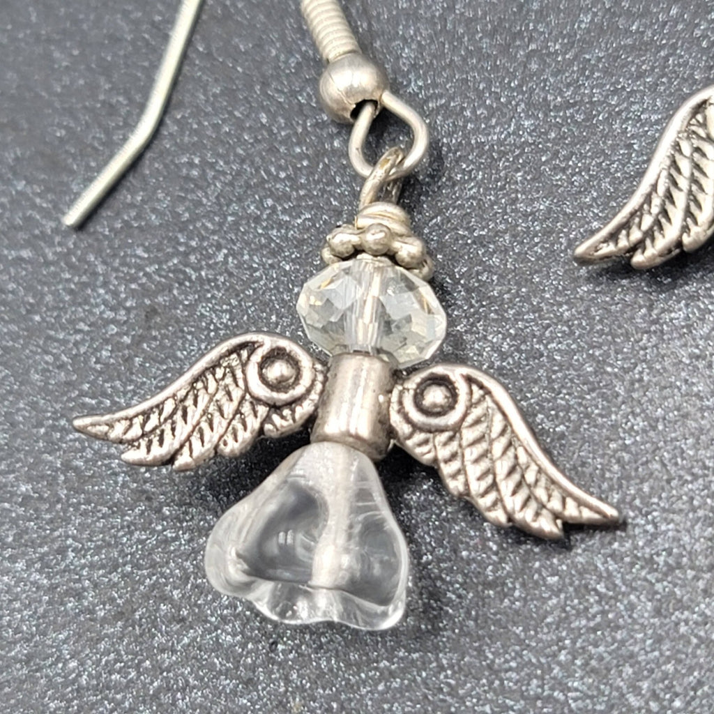 Angel Pierced Earrings Silver tone Glass Beaded Dangle 7/8"
