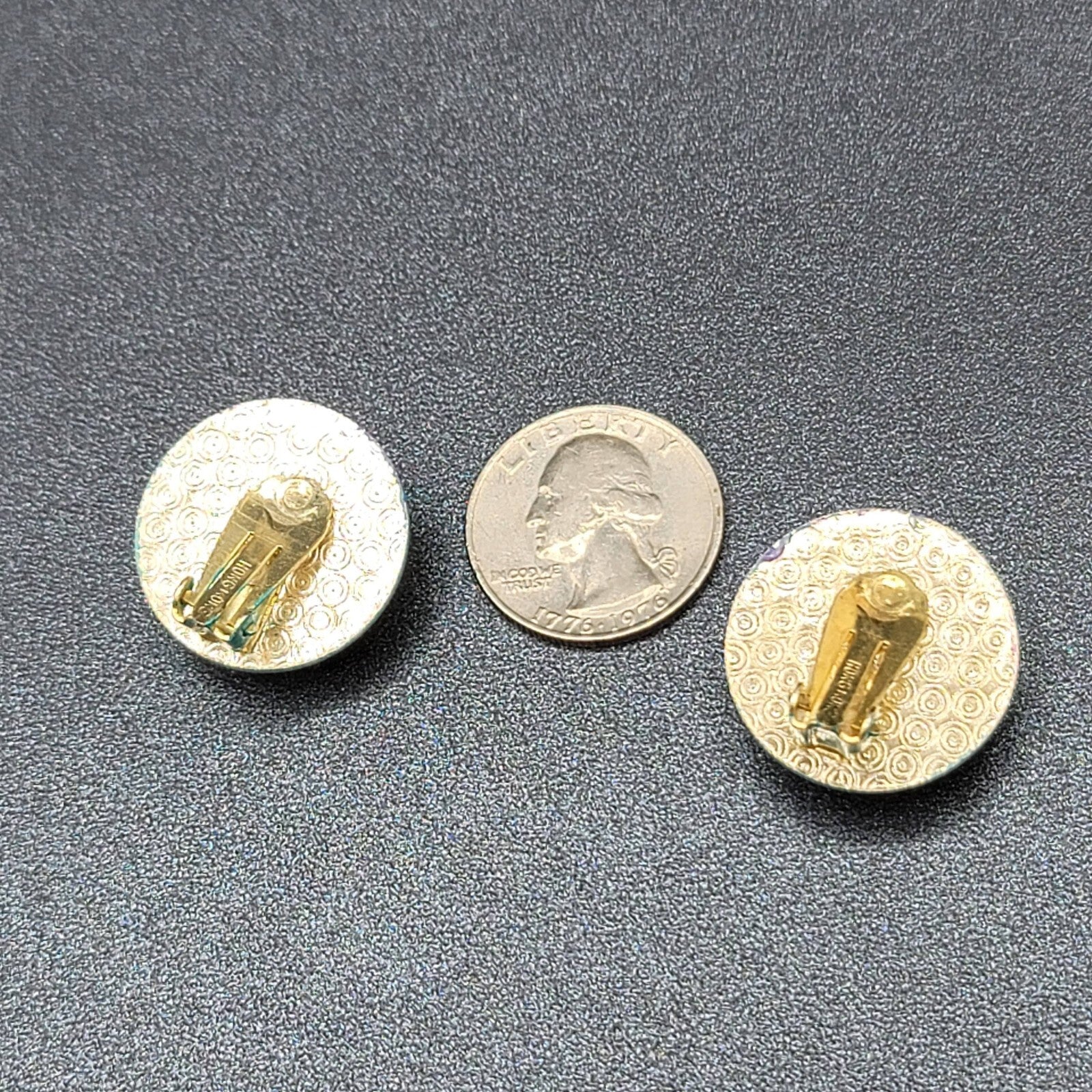 Vintage Clip on Earrings Round Dome Blue Green Yellow Speckle Studs 1" Hong Kong