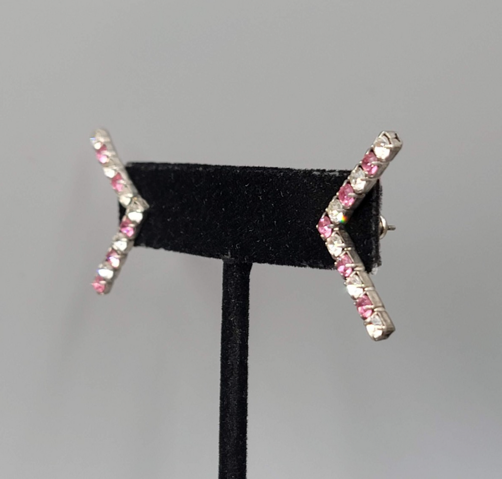 Pink Clear Rhinestones Pierced Earrings Silver tone Drop 1"