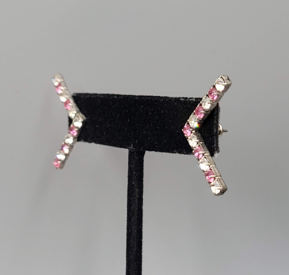 Pink Clear Rhinestones Pierced Earrings Silver tone Drop 1"