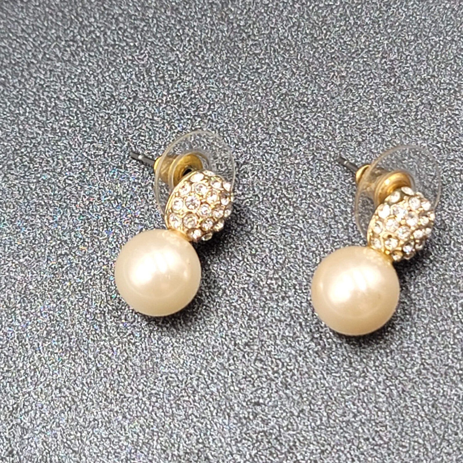 Pierced Earrings Imitation Pearl Crystal Rhinestone Drop 3/4"