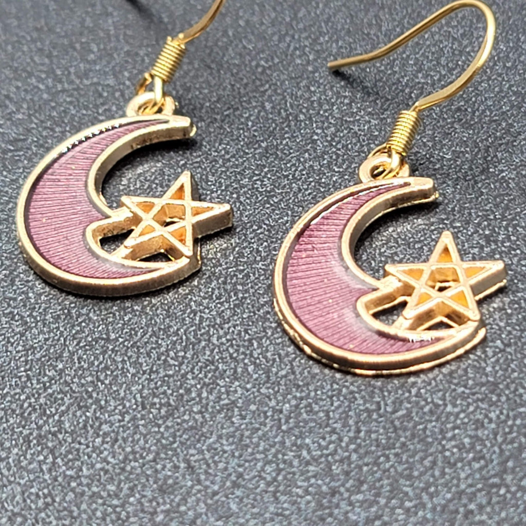New Moon Star Pierced Earrings Gold tone Purple Enamel Dangle 3/4"