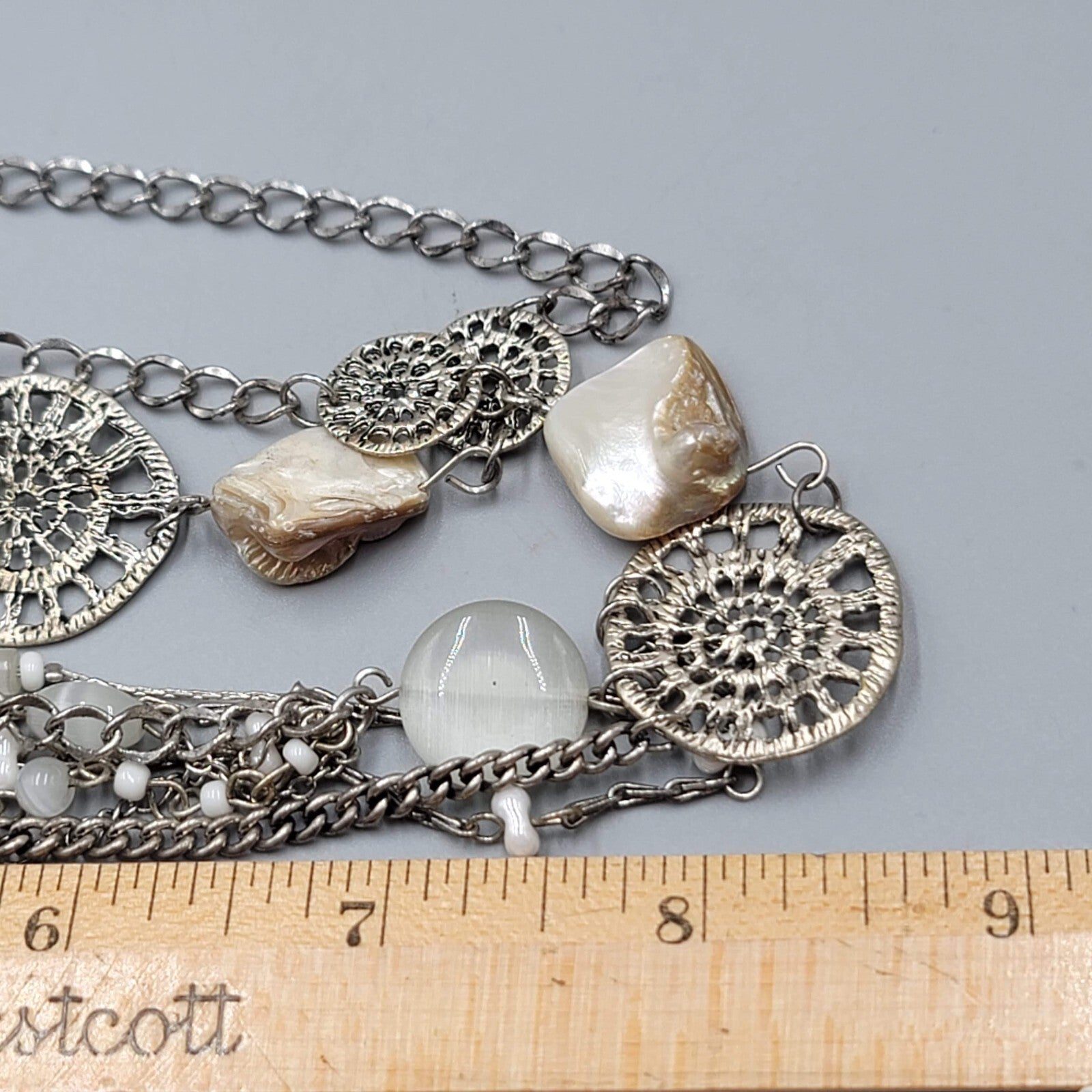 Multi Chain Necklace Silver tone White Cats Eye Bead 28"