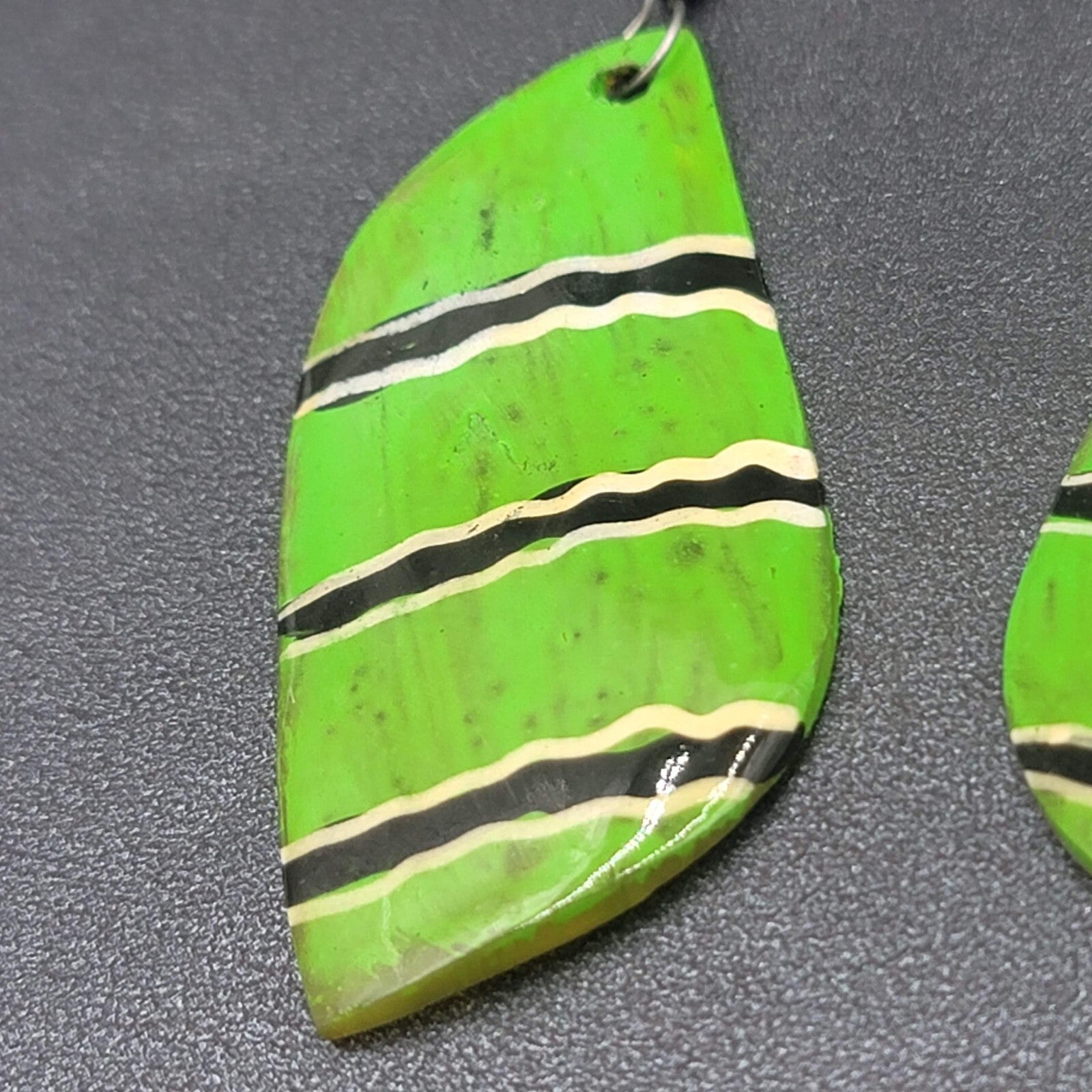 Pierced Earrings Silver tone Green Shell Hand Painted Dangle Acrylic 2.25"